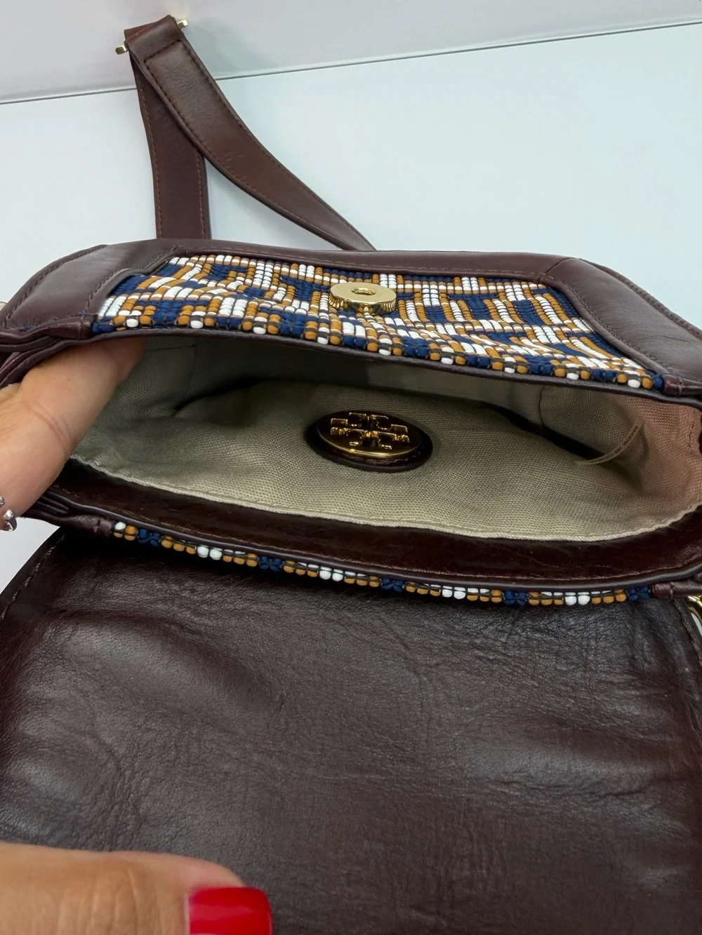 Tory Burch Mini Crossbody Bag Navy Brown Jacquard Lock Gold